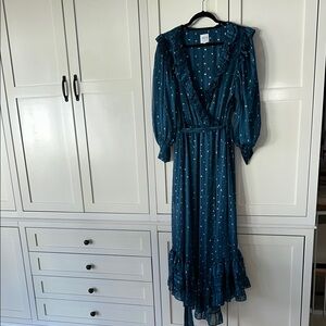 Misa Los Angeles Blue Asymmetrical Bishop Sleeve Dress